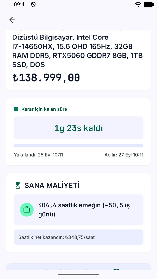 Kalan süre ve emek karşılığını gösteren ürün detayı